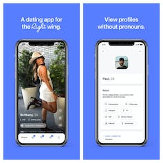 Screenshot of an advertisement for dating app the Right Stuff, a blue background with images of a phone using the app, and text reading 'a dating app for the right wing. view profiles without pronouns'.