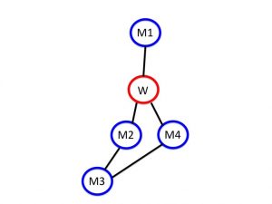Example of a portion of the network showing one woman (W) and four men (M1, M2, M3 and M4). The woman has a higher betweenness than any of the men, which means that she acts like the glue holding the network together. Photo - Neil Johnson